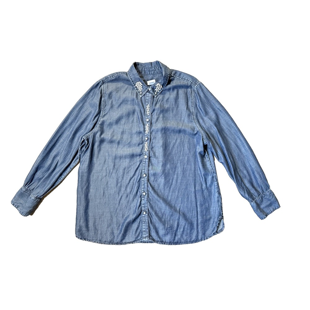 Chico's Button Down Shirt Womens 3 XL Blue Tencel Rhinestone Embellished Casual